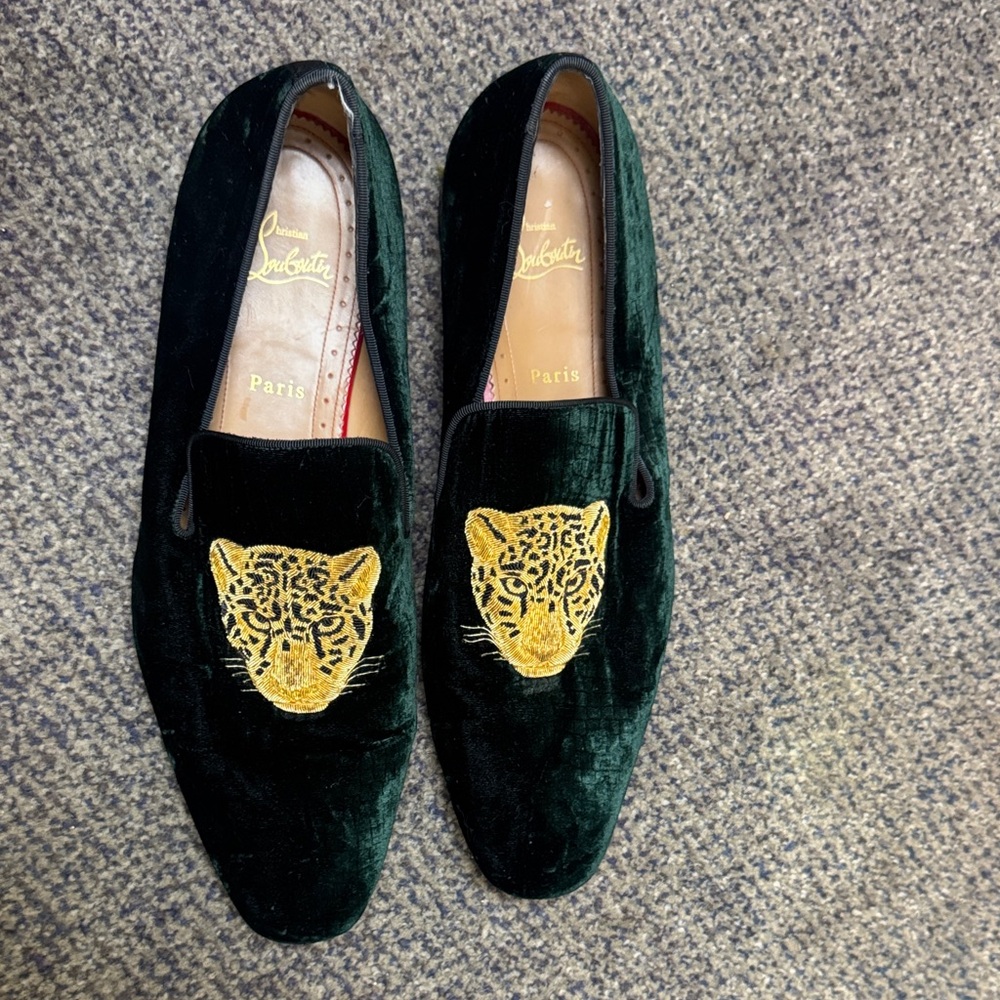 Christian Louboutin Men's Velvet Loafers with Gold Leopard Design